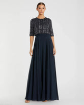 Navy Chiffon Gown w/ Fully Beaded 3/4 Sleeve Top